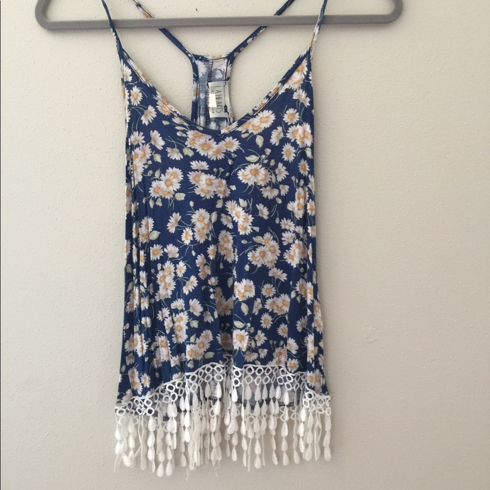 Daisy print tank top with fringe detail